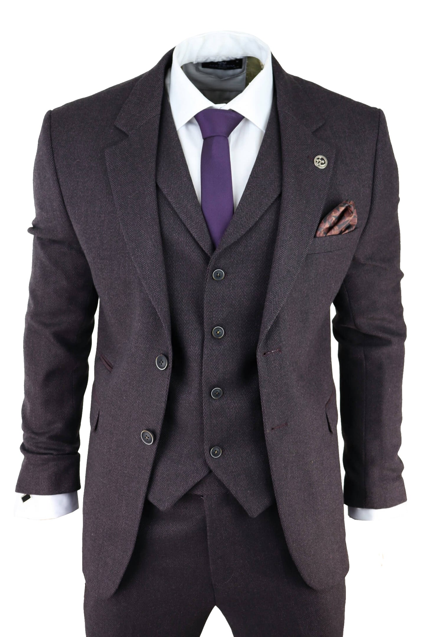 Men's Plum Herringbone Tweed 3 Piece Suit