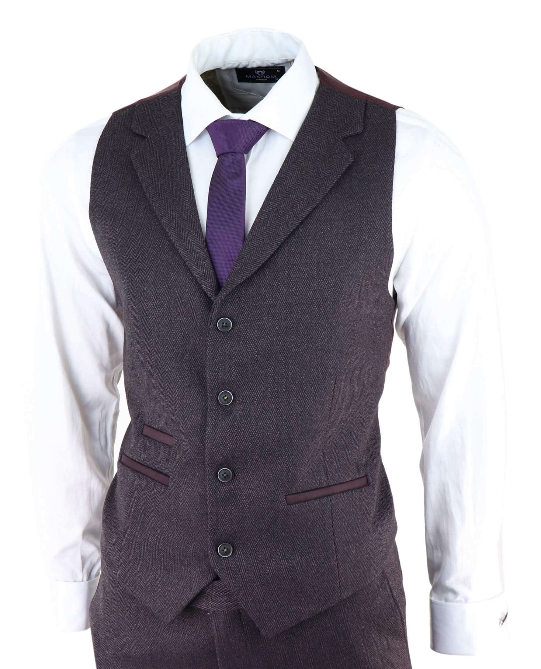 Men's Plum Herringbone Tweed 3 Piece Suit