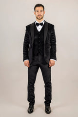 AK-26 Men's Black 3-Piece Velvet Wedding Tuxedo with Satin Lapels