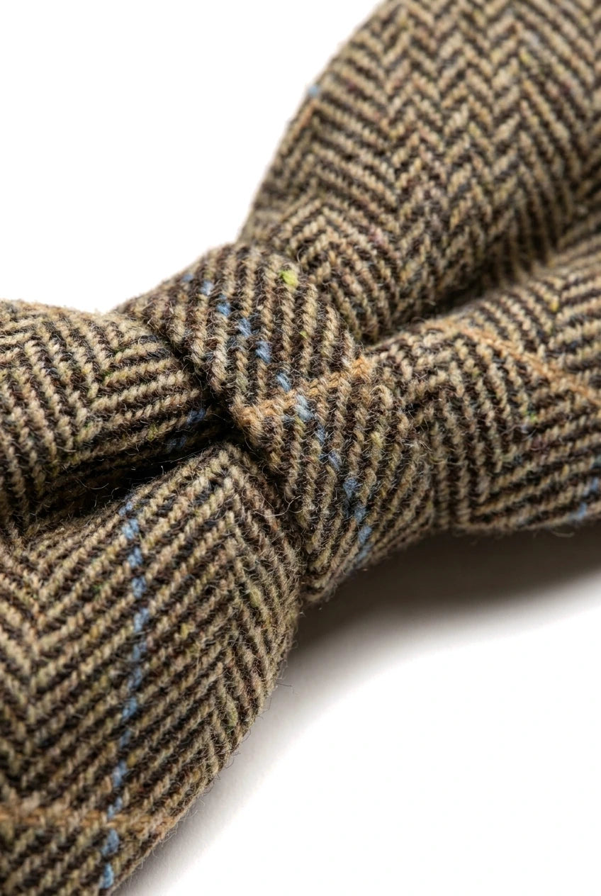 Albert - Férfi barna halszálkás tweed kockás csokornyakkendő