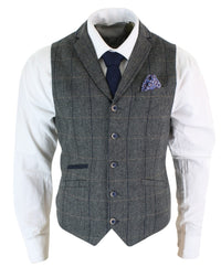 Cavani Albert - Mens Classic Tweed Herringbone Check Brown Grey Slim Fit Vintage Waistcoat Gilet-Charcoal