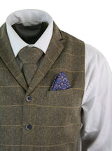 Cavani Albert - Mens Classic Tweed Herringbone Check Brown Grey Slim Fit Vintage Waistcoat Gilet-Tan