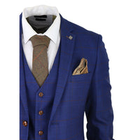 Mens Blue Brown Check 3 Piece Suit Tailored Fit Wedding Prom Races Prince Of Wales