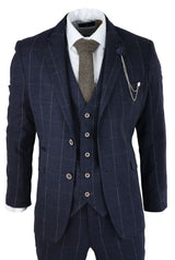 Mens Navy Check 3 Piece Suit Wool Tweed Classic 1920s Vintage Tailored Fit Wedding