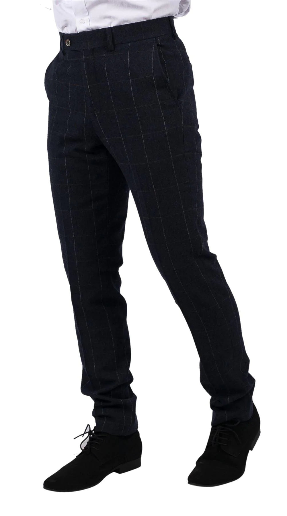 Mens Navy Check Trousers Wool Tweed Classic 1920s Vintage Tailored Fit Wedding
