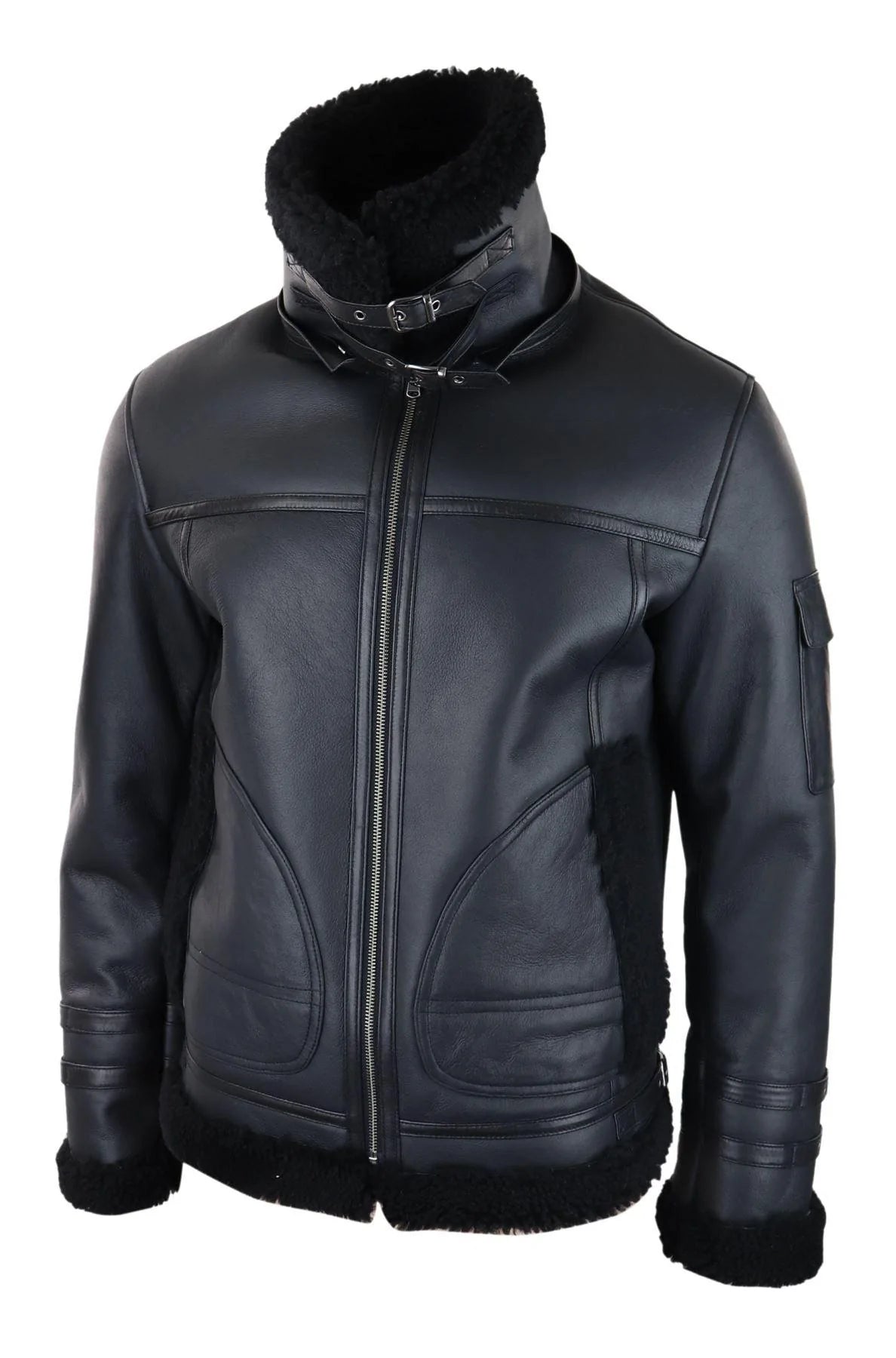 Mens Shearling Sheepskin Coat Zipped Flying Jacket Black Winter Warm Fur