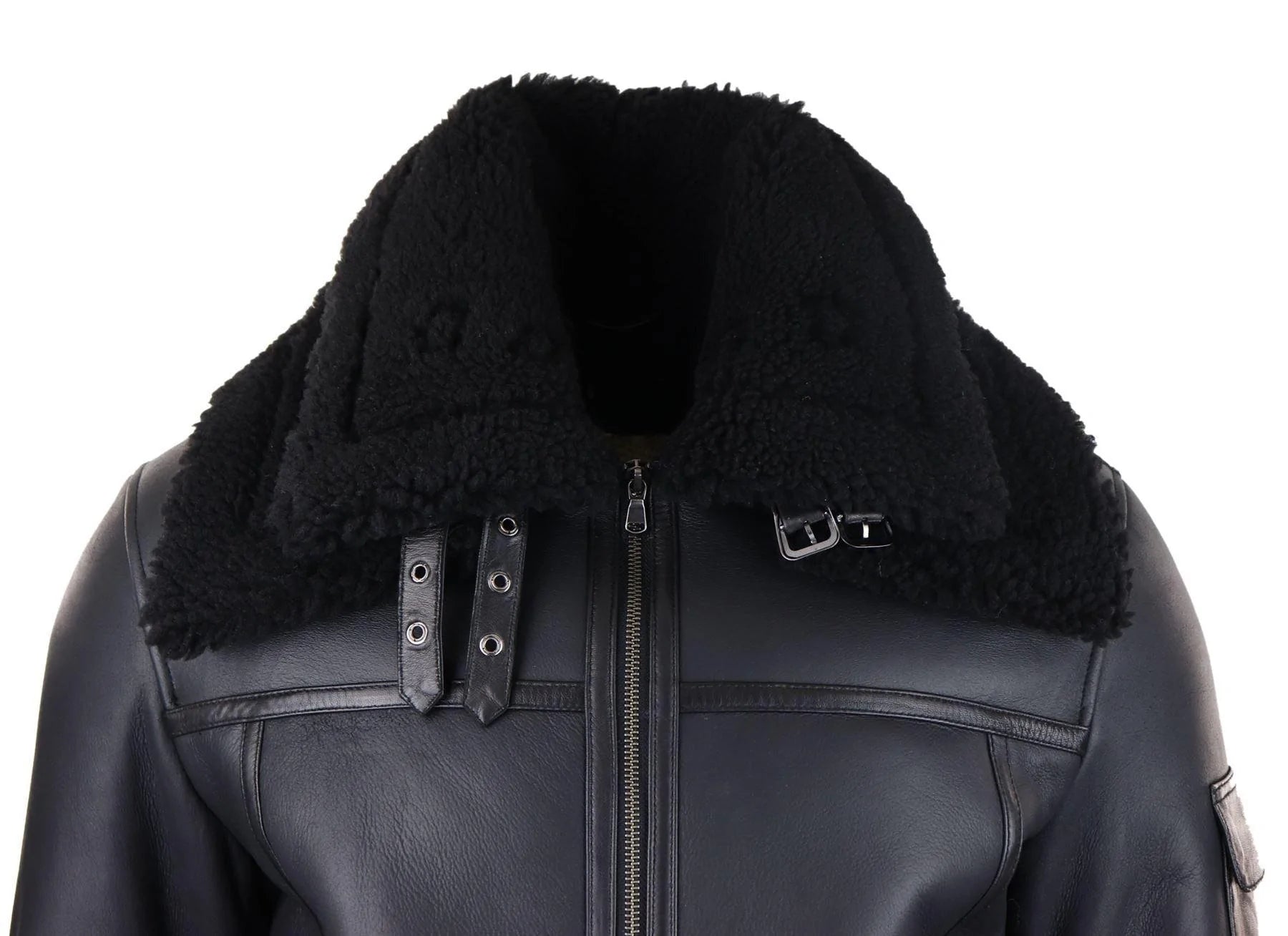 Mens Shearling Sheepskin Coat Zipped Flying Jacket Black Winter Warm Fur
