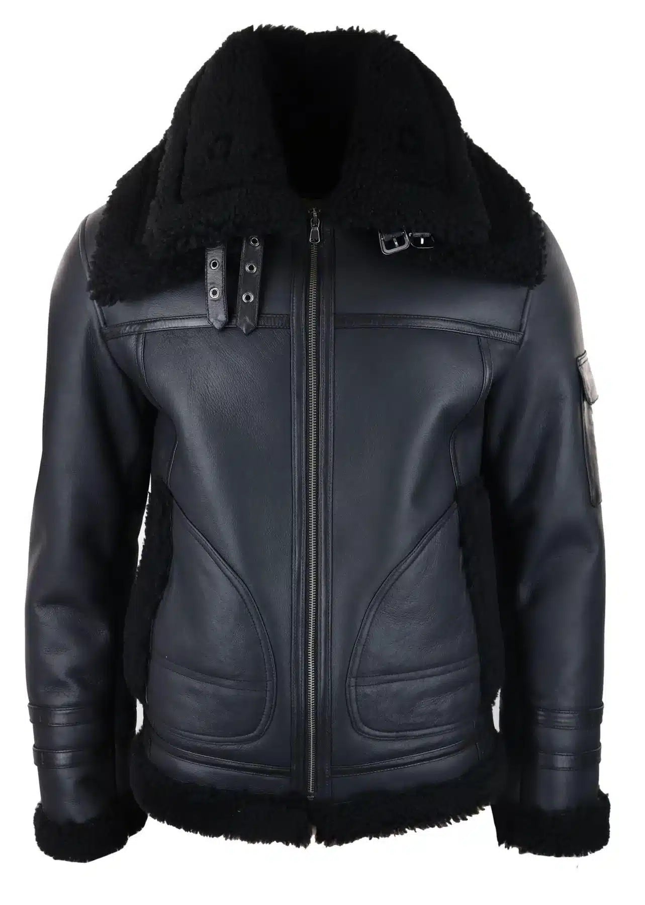 Mens Shearling Sheepskin Coat Zipped Flying Jacket Black Winter Warm Fur