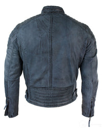 Real Washed Leather Slim Fit Retro Style Zipped Mens Biker Jacket Tan Brown Blue Urban-Zulu Blue