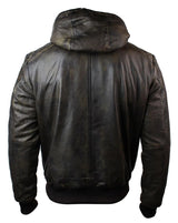 Mens Brown Washed Distressed Removable Hood Bomber Leather Jacket Quilted