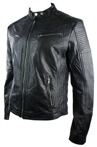 Real Leather Fitted Retro Style Zipped Mens Biker Jacket Tan Brown Nevada Timber Black Urban-Black