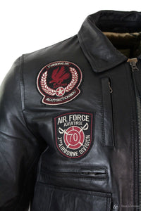 Mens Real Leather Black Bomber Badge Air Force Pilot Flying Jacket-Black