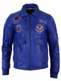 Mens Real Leather Black Bomber Badge Air Force Pilot Flying Jacket-Blue