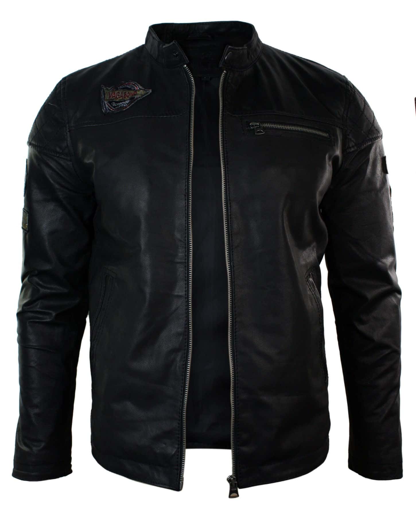 Genuine Real Leather Mens Black Slim Fit Retro Vintage Casual Biker Style Jacket Badges