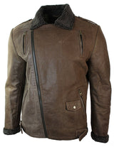 Mens Black Cross Zip Real Leather Biker Jacket Fleece Lined Fitted Smart Casual-Brown