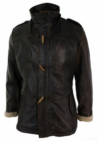 Mens Real Leather Hood Duffle Safari Jacket Long 3/4 Fur Washed Timber Brown Tan-Brown