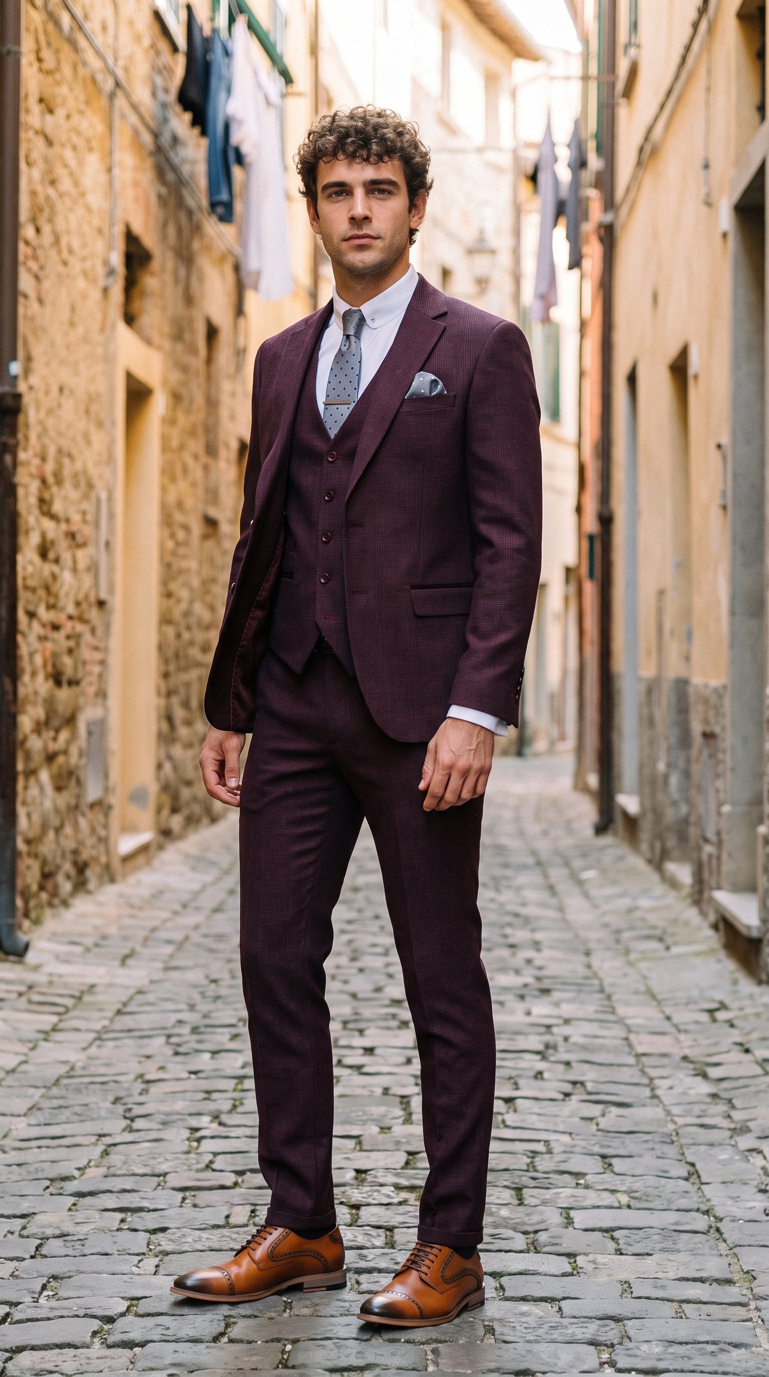 Look #310 styled with Regent - Férfi bordó színű, háromrészes, kockás öltöny, walesi herceg