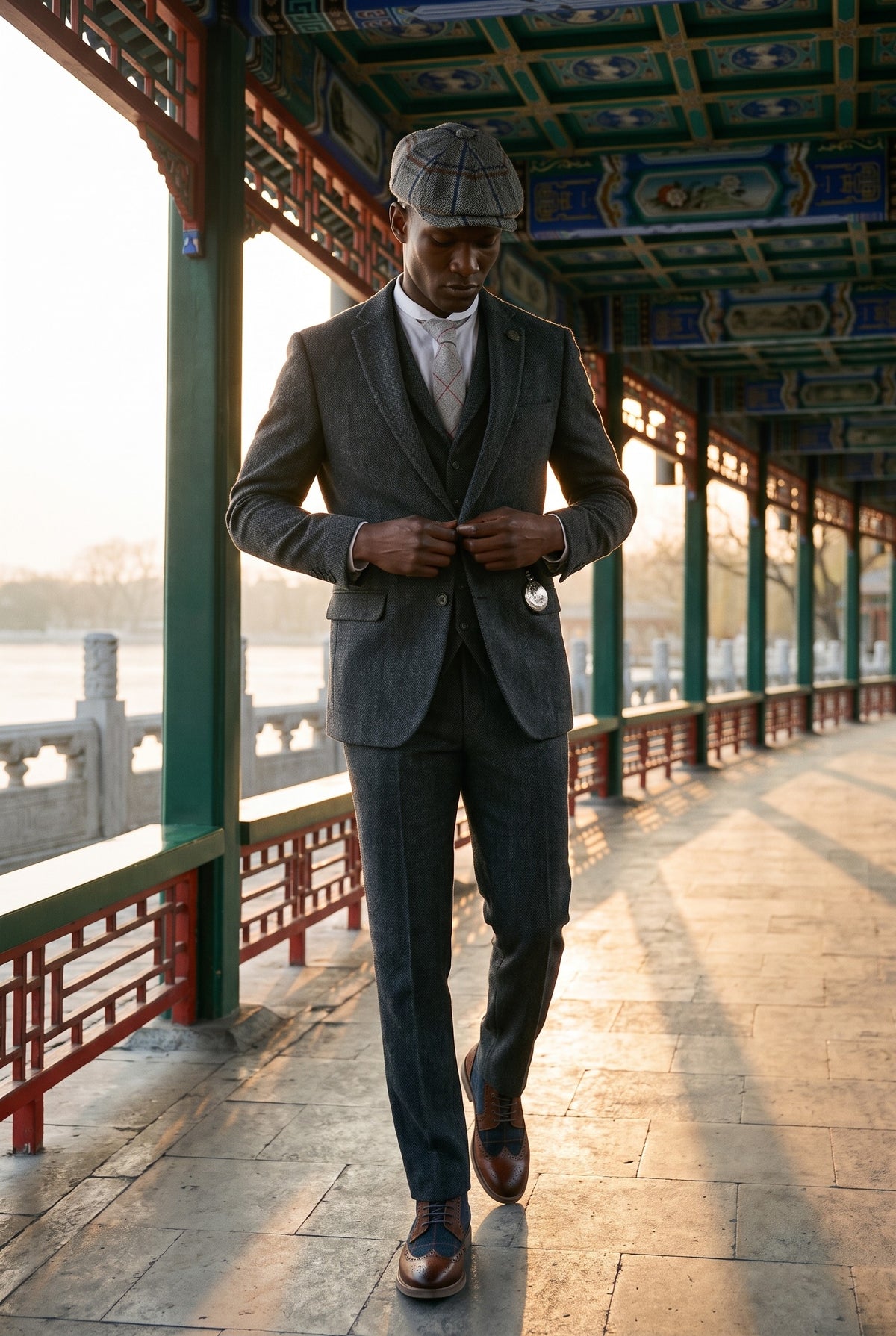 Look #881 styled with Férfi szénszürke, háromrészes, halszálkás tweed öltöny - STZ11