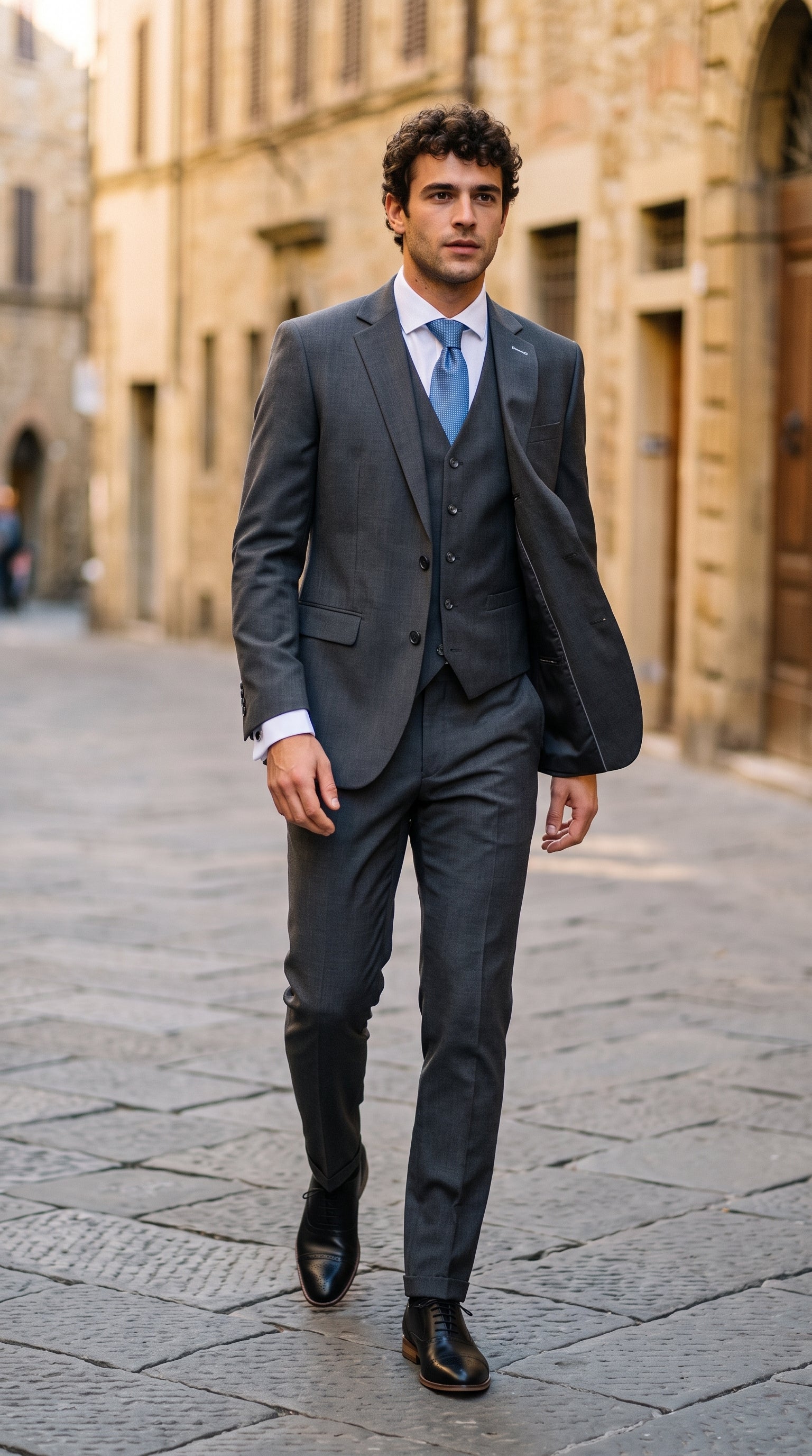 Look #824 styled with Bond - Férfi szénszürke, háromrészes, szabott öltöny