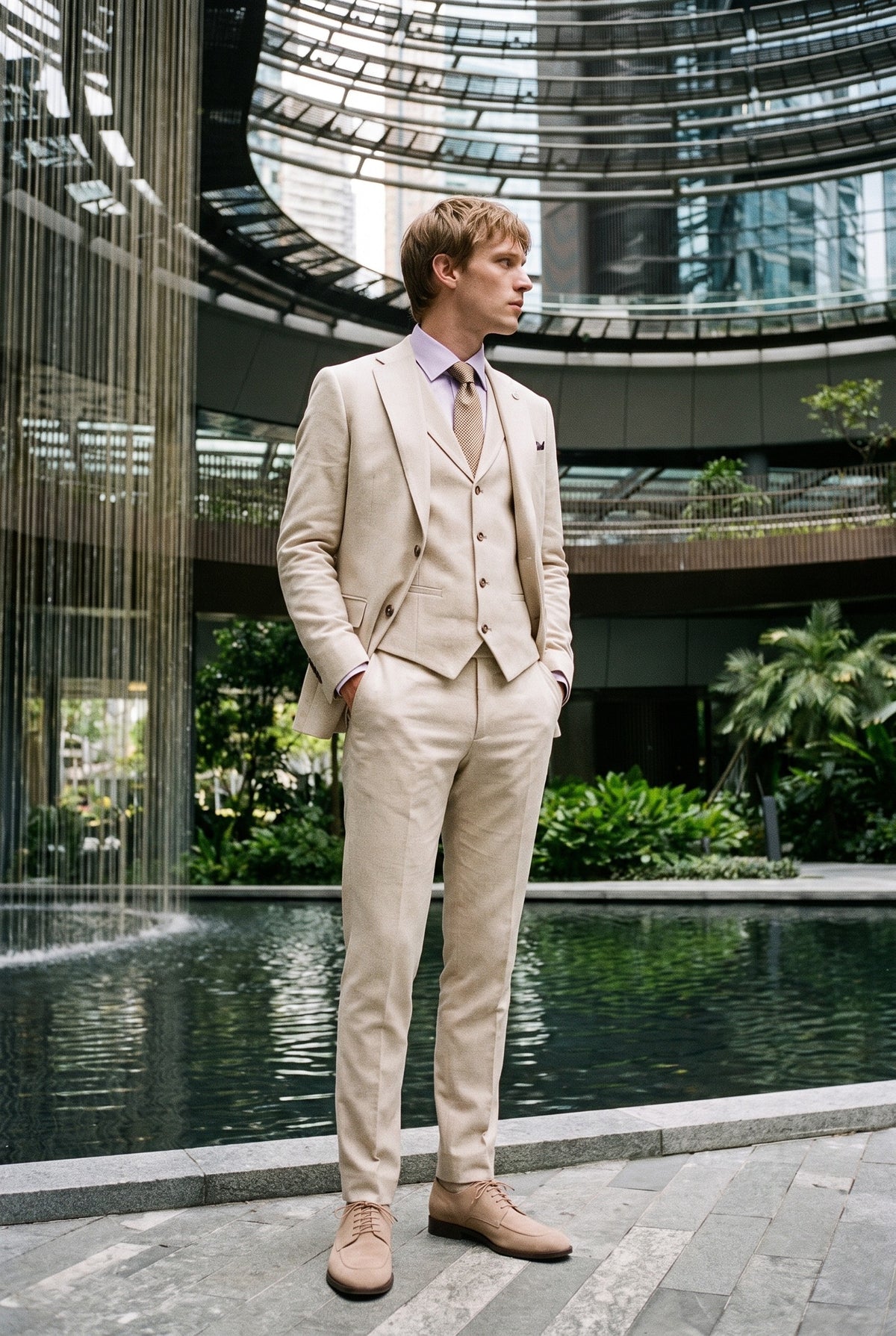 Look #948 styled with TP-21 Férfi Bézs Háromrészes Lenvászon Nyári Esküvői Öltöny