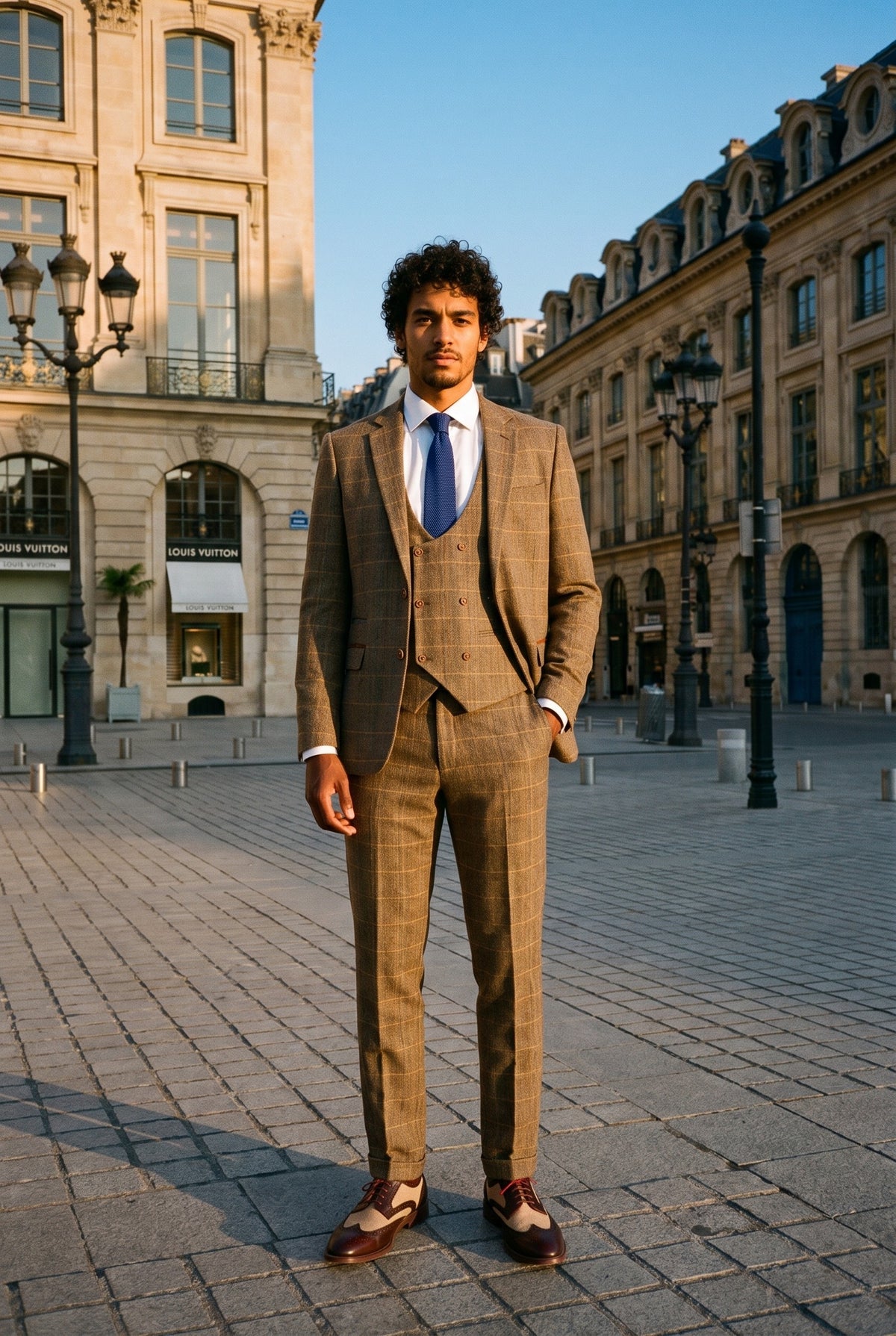 Look #983 styled with Férfi 3 részes halszálkás tweed öltöny, barna, kockás, szabott szabású, dupla klasszikus öltöny