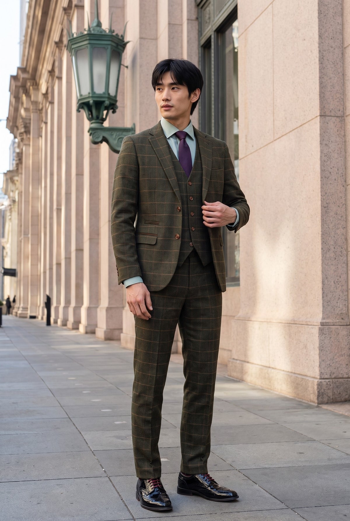 Look #509 styled with Harris - Zöld, 3 darabos gyapjúkeverék tweed öltöny férfiaknak