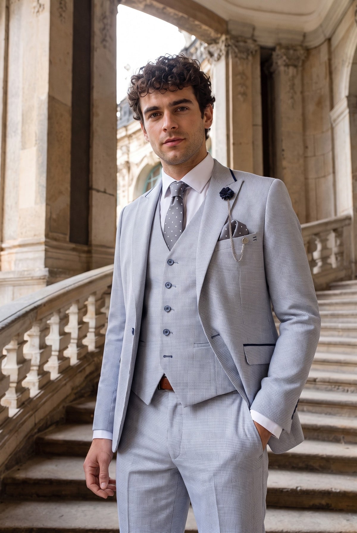 Look #950 styled with Férfi háromrészes kockás tweed öltöny, világoskék, szabott szabású, esküvői, csúcsminőségű, klasszikus