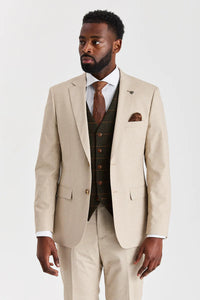 Belmont bézs öltöny Harris zöld tweed mellénnyel