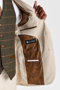 Belmont bézs öltöny Harris zöld tweed mellénnyel