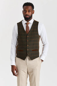 Belmont bézs öltöny Harris zöld tweed mellénnyel