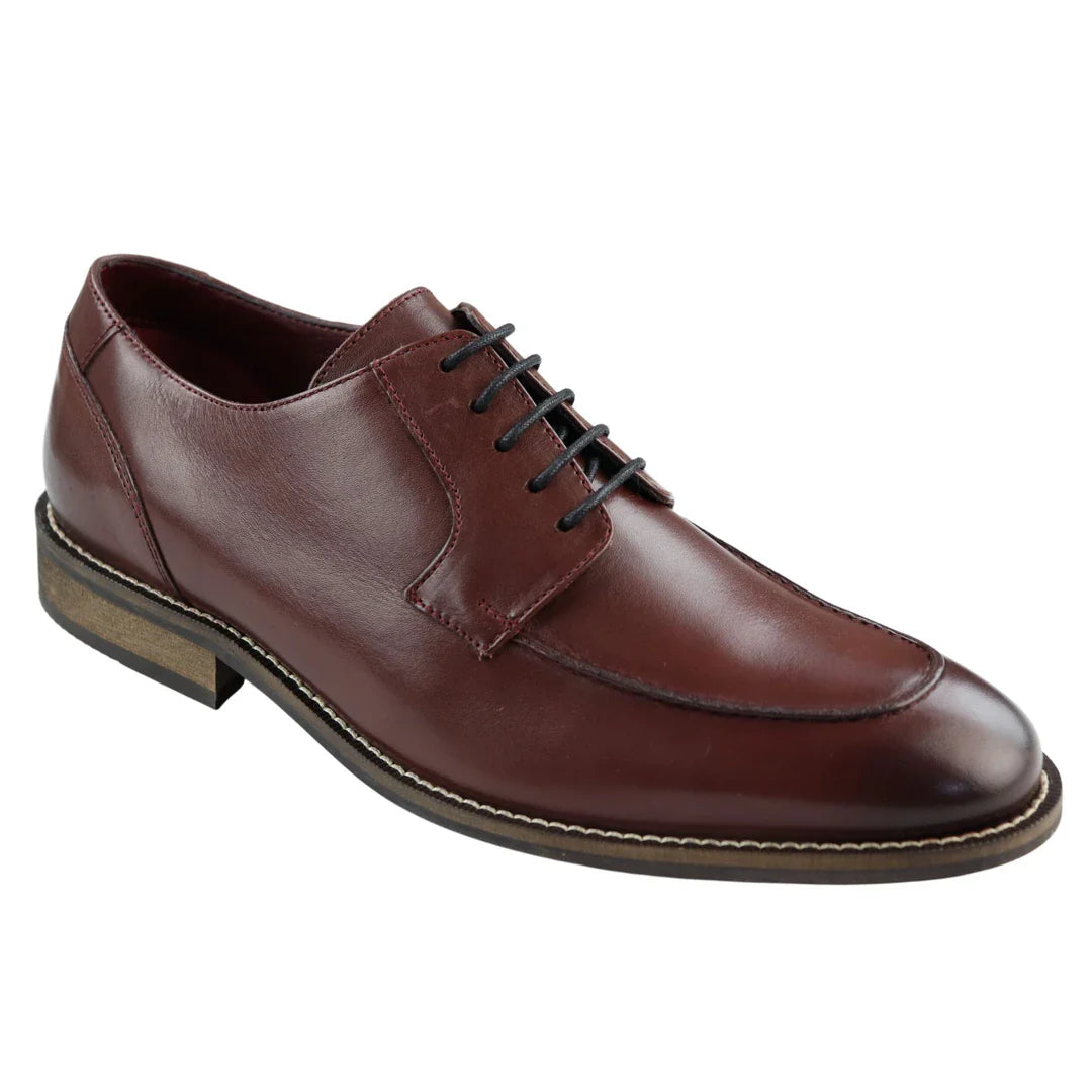 Mens Real Full Leather Black Welted Derby Shoes Smart Casual Burgundy Wine Classic Vintage