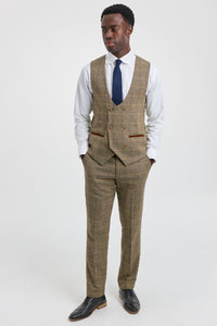 Férfi 3 részes halszálkás tweed öltöny, barna, kockás, szabott szabású, dupla klasszikus öltöny