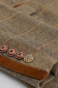 Férfi 3 részes halszálkás tweed öltöny, barna, kockás, szabott szabású, dupla klasszikus öltöny