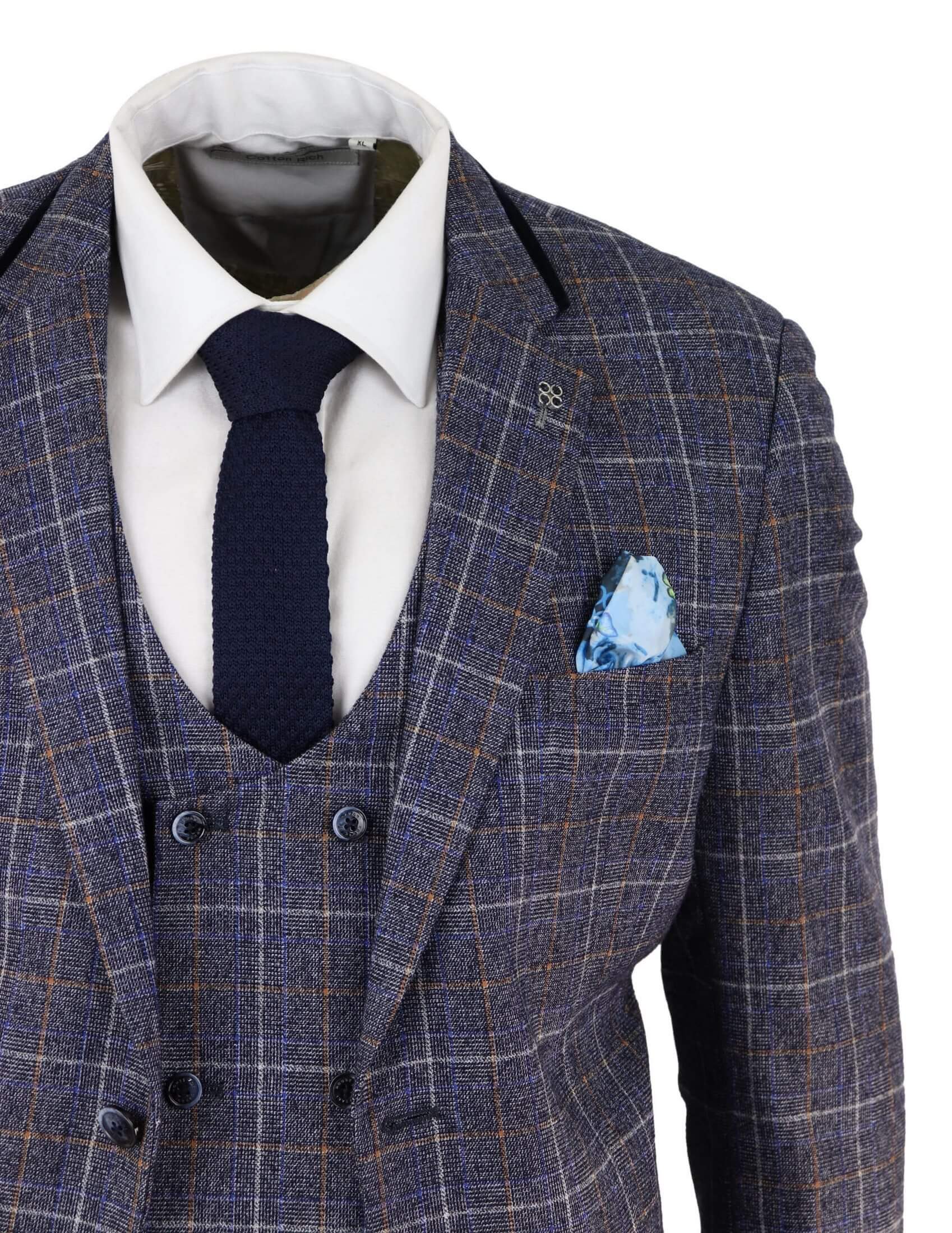 Mens Blue Tweed Check 3 Piece Suit