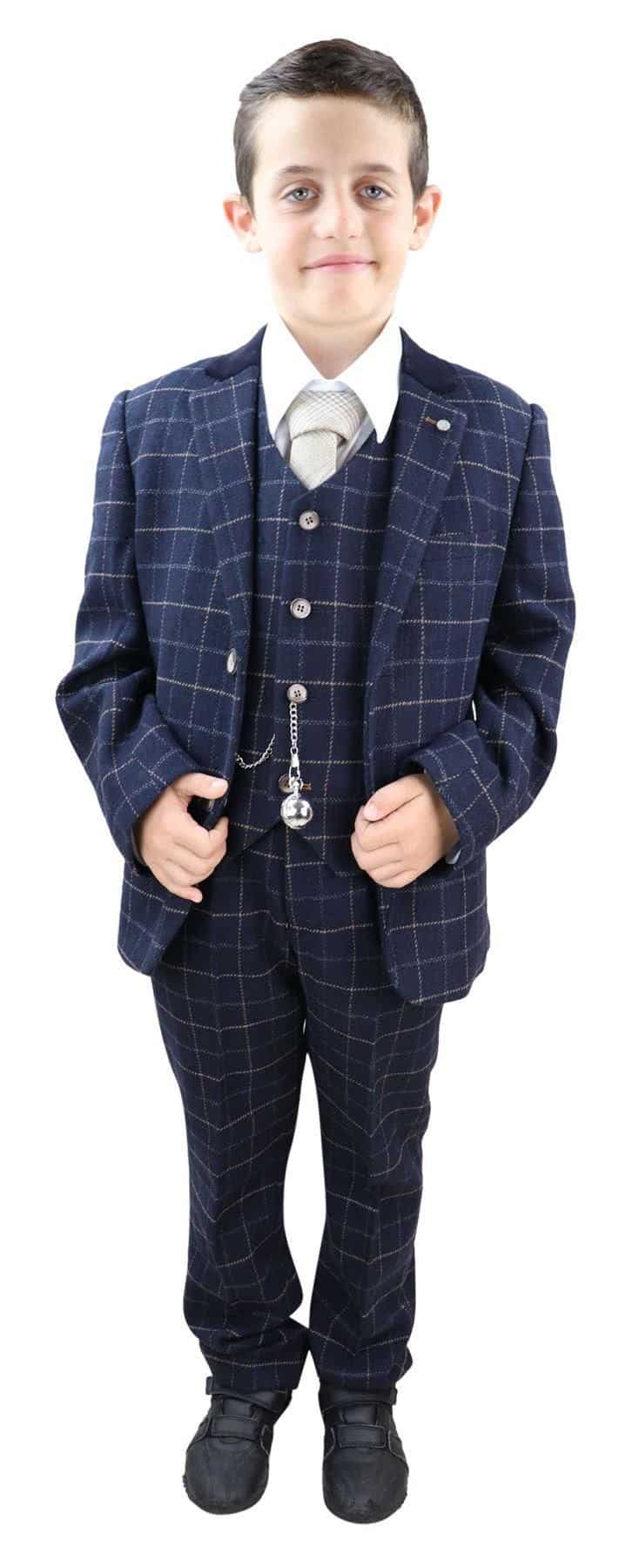 Boys Navy-Blue Check 3 Piece Suit - Peaky Blinders Suit Shelby