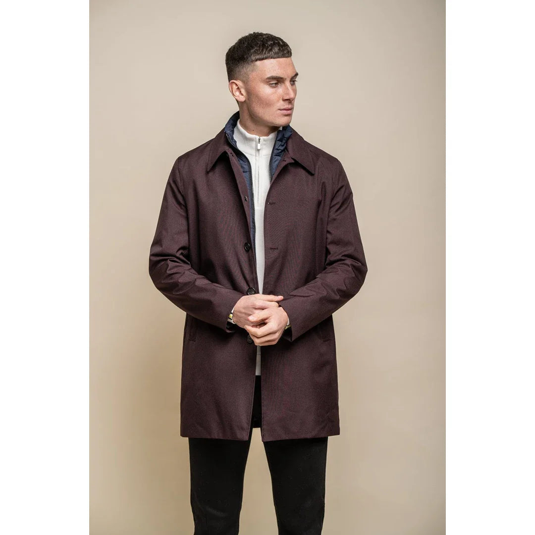 Men's Brando Mac Burgundy Overcoat Jacket High Collar Zip Button 3/9