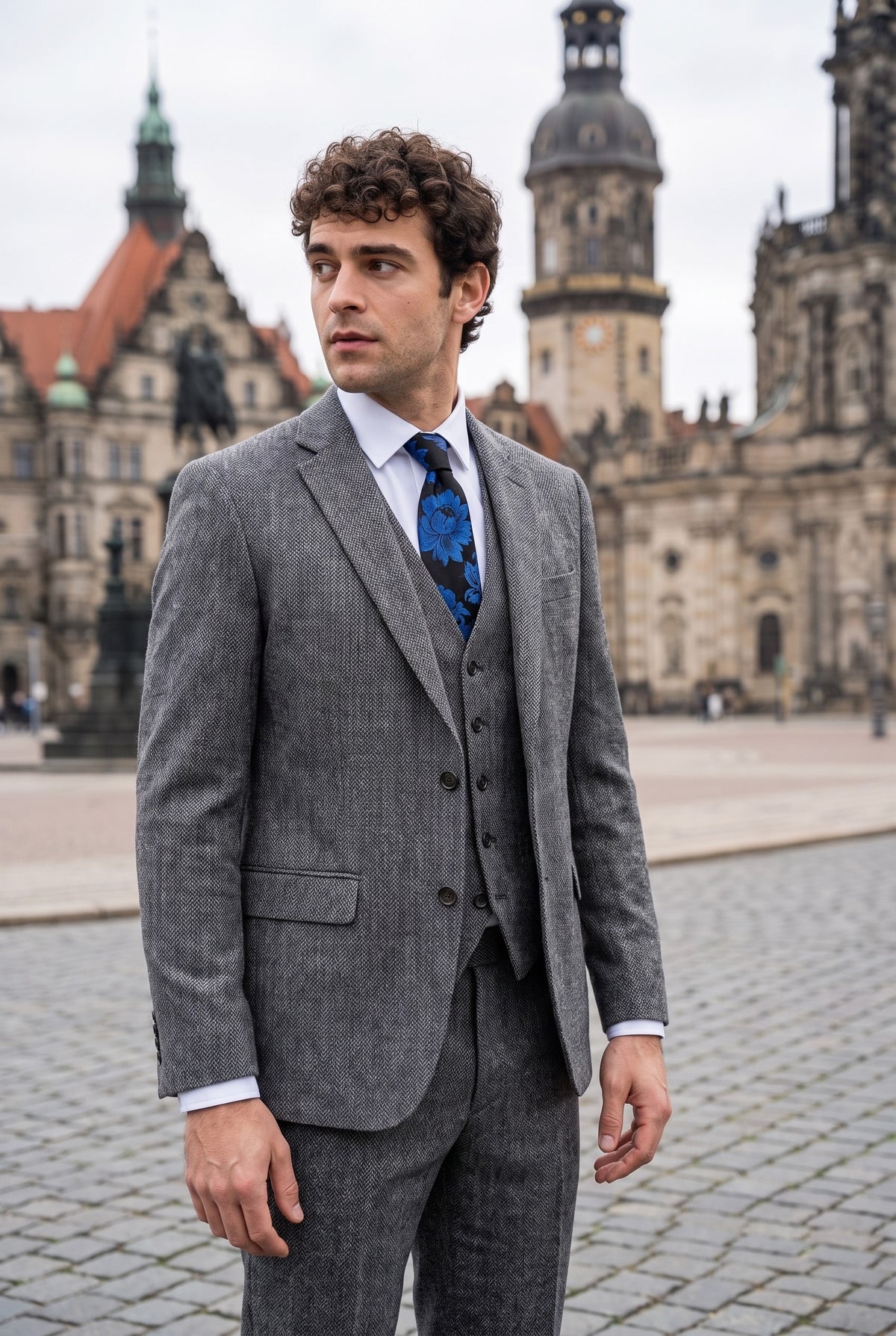 Look #974 styled with IM41 - Szürke, háromrészes, halszálkás tweed öltöny férfiaknak