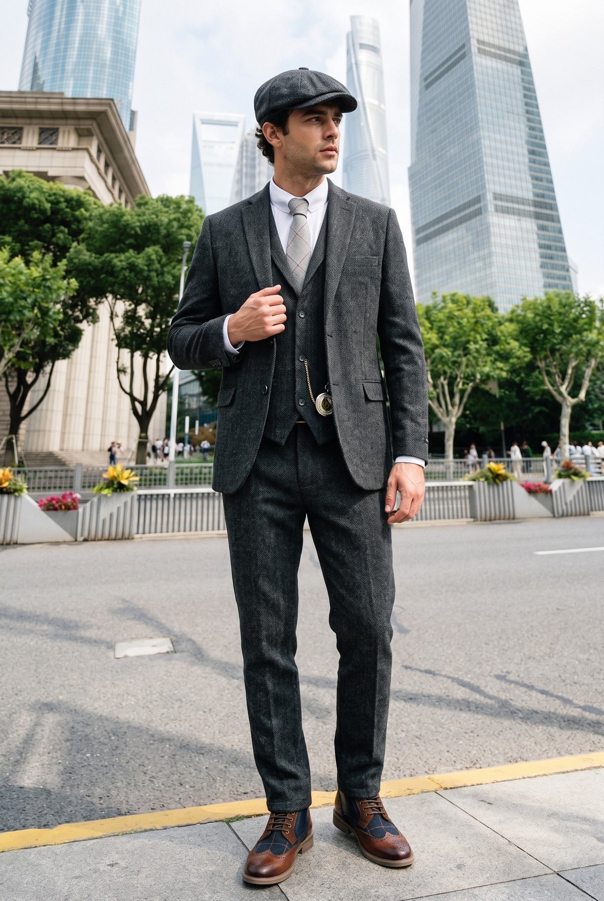 Look #882 styled with Férfi szénszürke, háromrészes, halszálkás tweed öltöny - STZ11