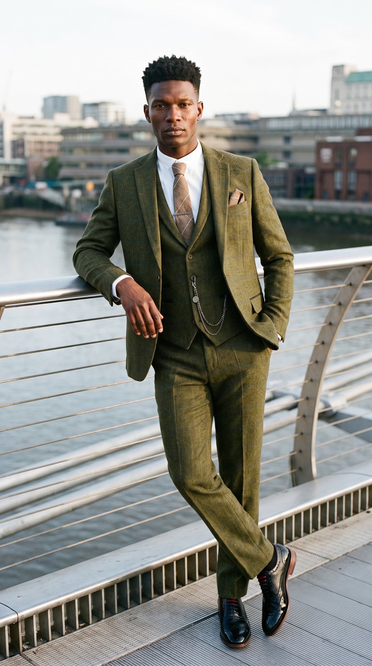 Look #715 styled with Férfi háromrészes öltöny gyapjú tweed zöld kék barna kockás 1920-as évekbeli Gatsby