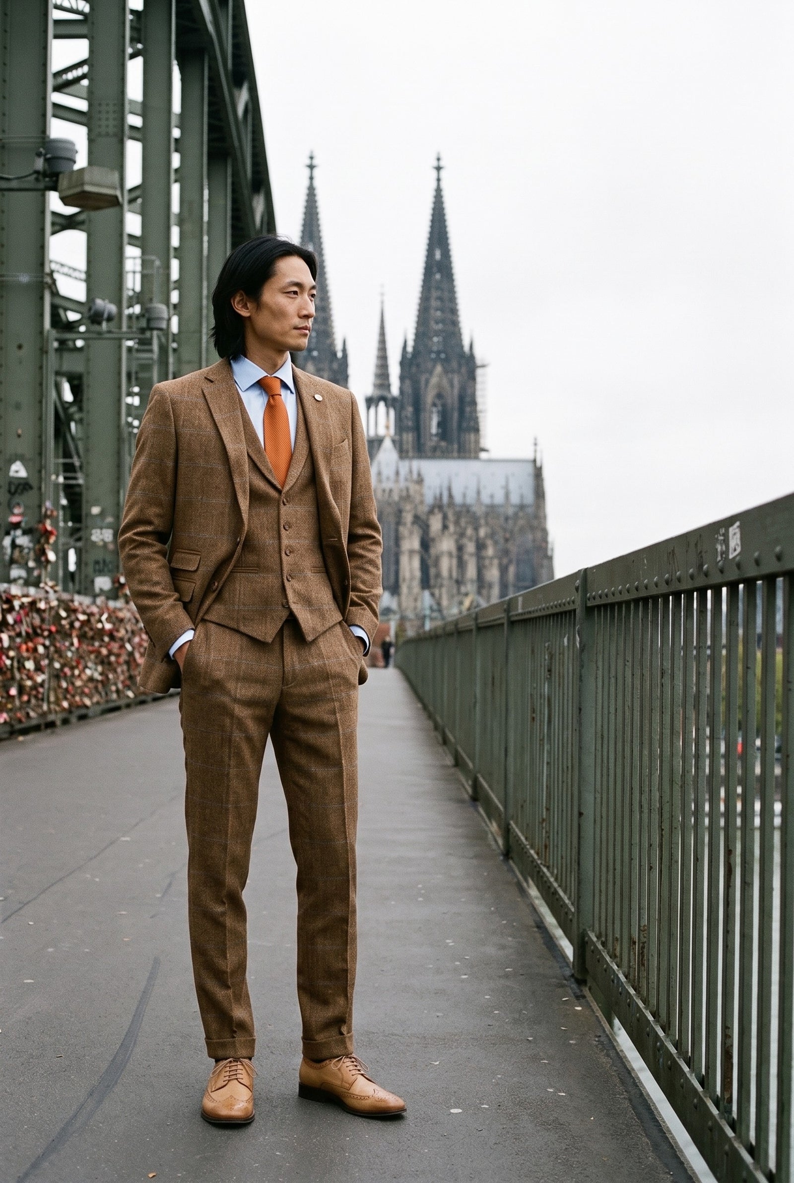 Look #982 styled with Férfi háromrészes öltöny gyapjú tweed öltöny halszálkás mintával, barna, kék, kockás, 1920-as évekbeli Gatsby
