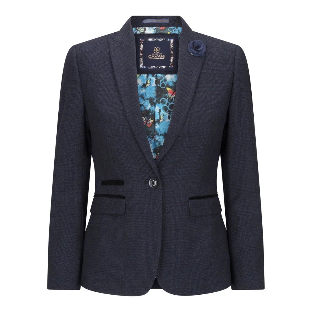 Navy blazer with floral lining on a white background