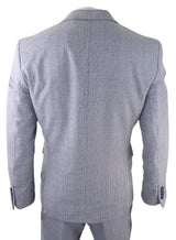 Mens 3 Piece Check Suit Tweed Light Blue Tailored Fit Wedding Peaky Classic