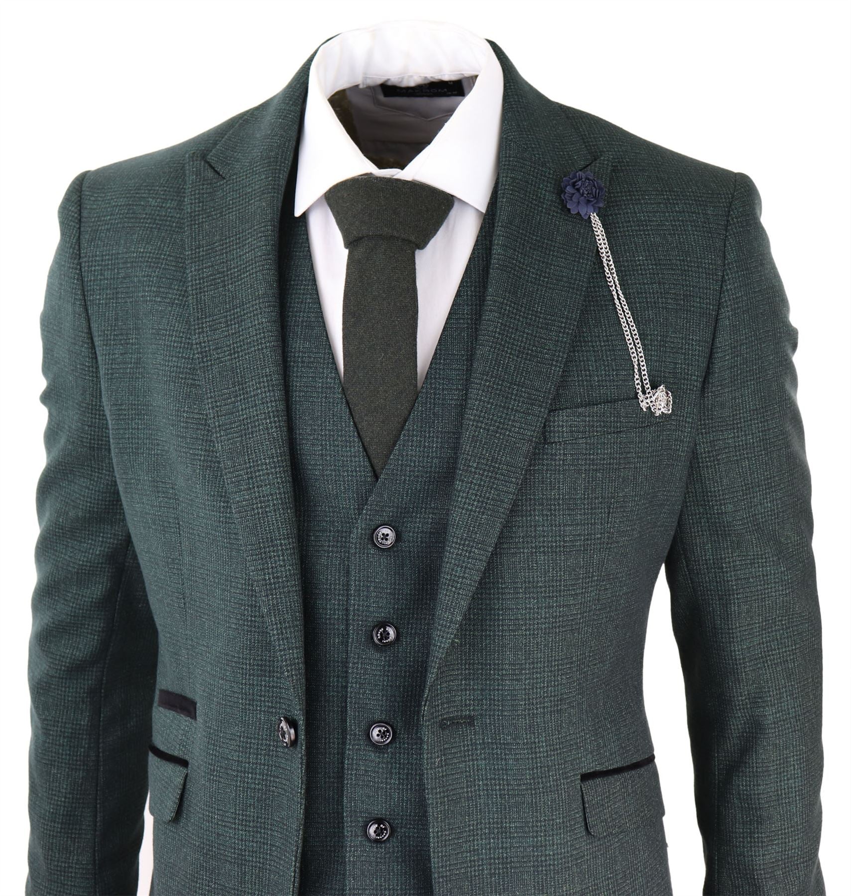 Mens 3 Piece Check Suit Tweed Olive Green Tailored Fit Wedding Peaky Classic