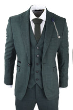 Mens 3 Piece Check Suit Tweed Olive Green Tailored Fit Wedding Peaky Classic