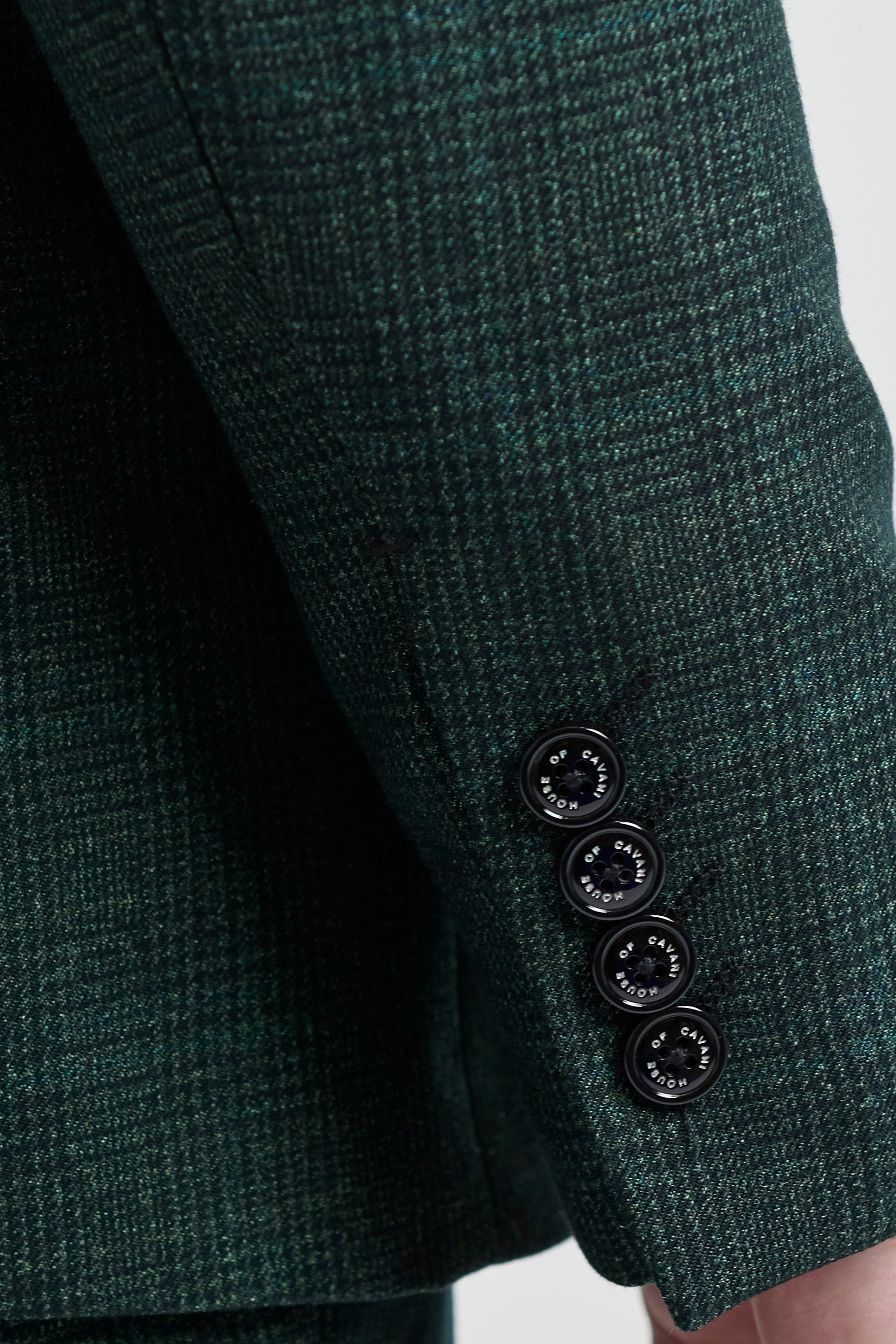 Férfi háromrészes kockás tweed öltöny, olívazöld, szabott szabású, esküvői, csúcsos klasszikus