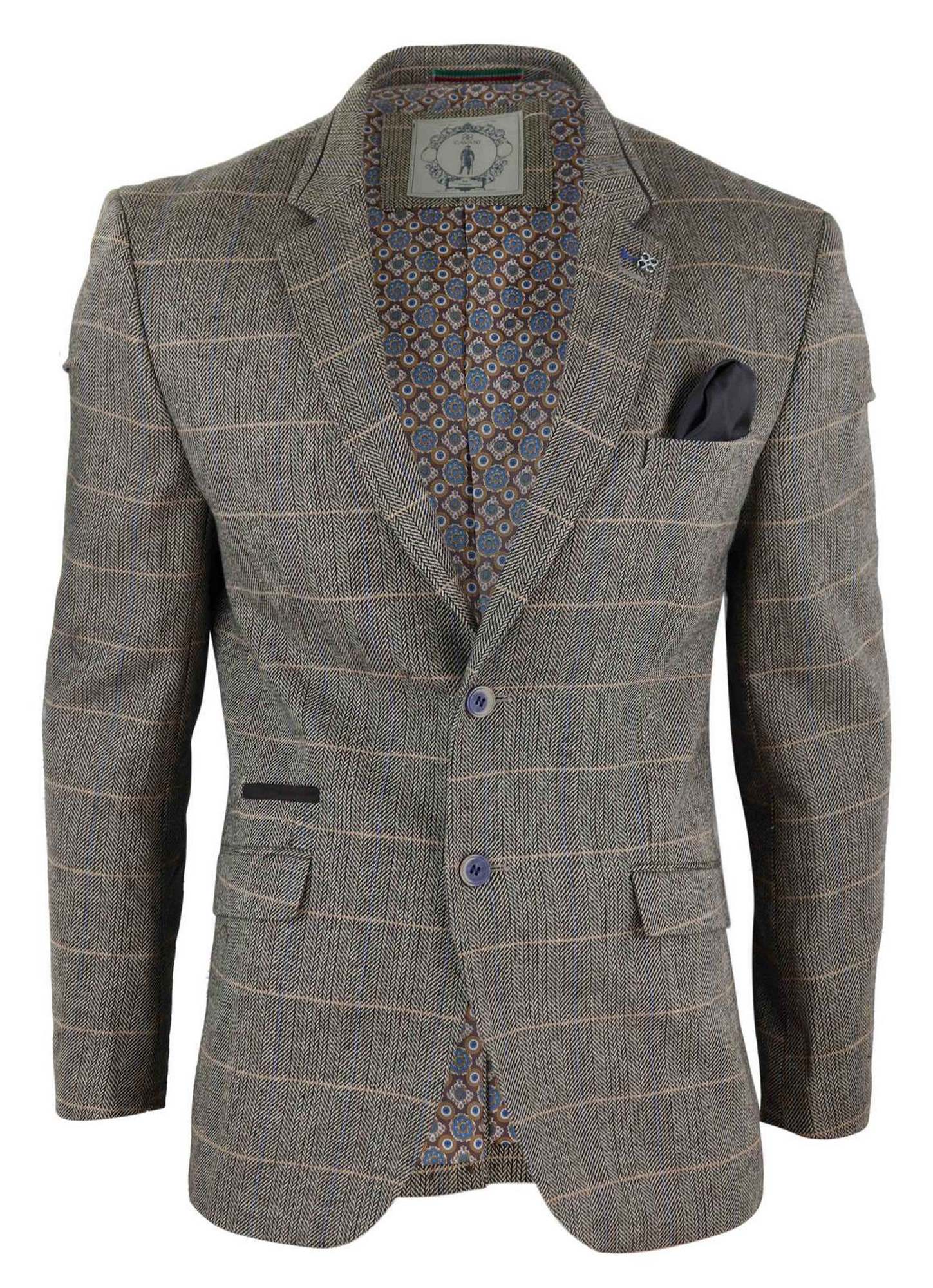 Mens Herringbone Check Vintage Blazer - Cavani Albert-Tan