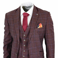 Cavani Carly - Men's 3 Piece Tweed Check Burgundy Suit
