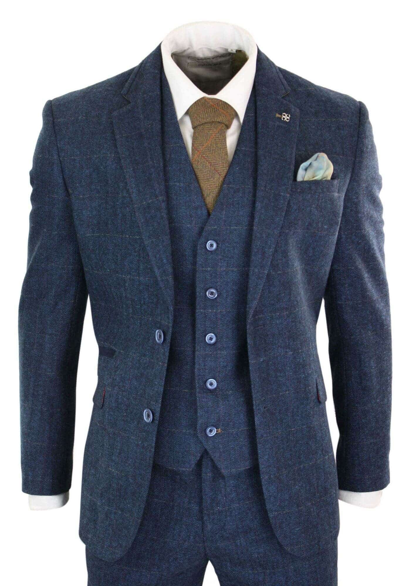 Cavani Carnegi - Mens 3 Piece Navy Blue Tweed Check 1920's Vintage Suit