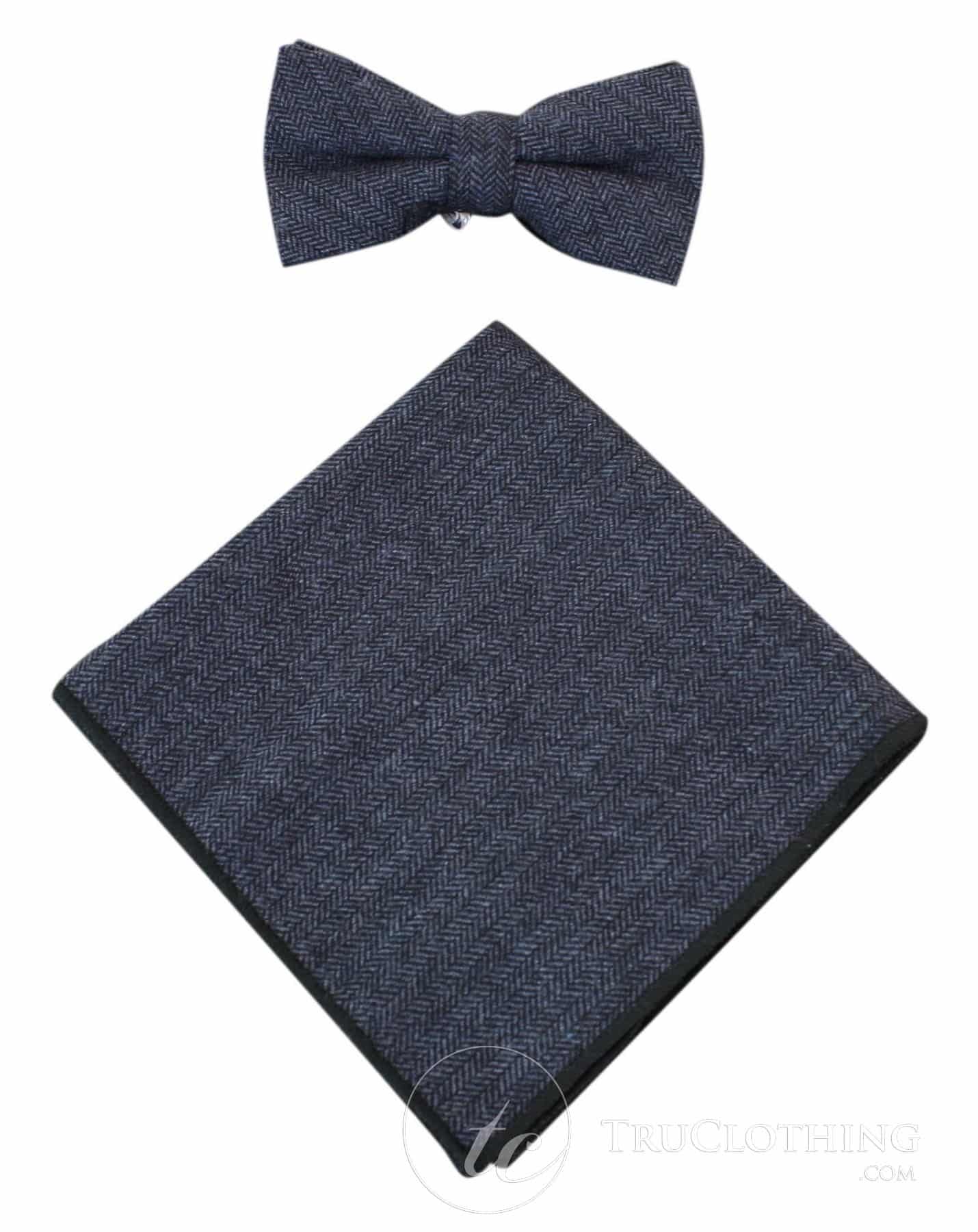 Cavani Martez Bow Tie - Mens Herringbone Tweed Check Bow Tie Hanky Retro Vintage Classic Peaky Blinders