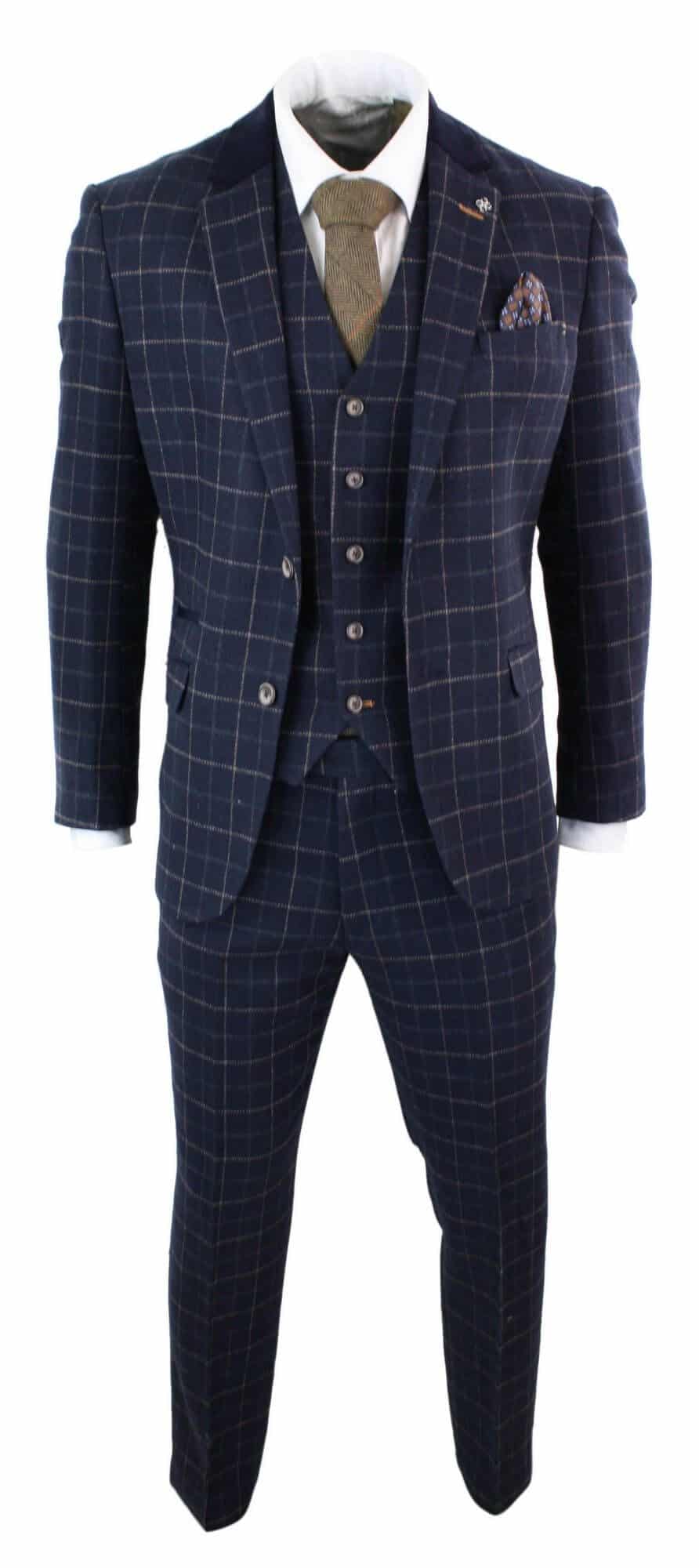 Cavani Shelby - Mens Navy Blue 3 Piece Herringbone Check Suit Vintage Retro Peaky Blinders Tweed